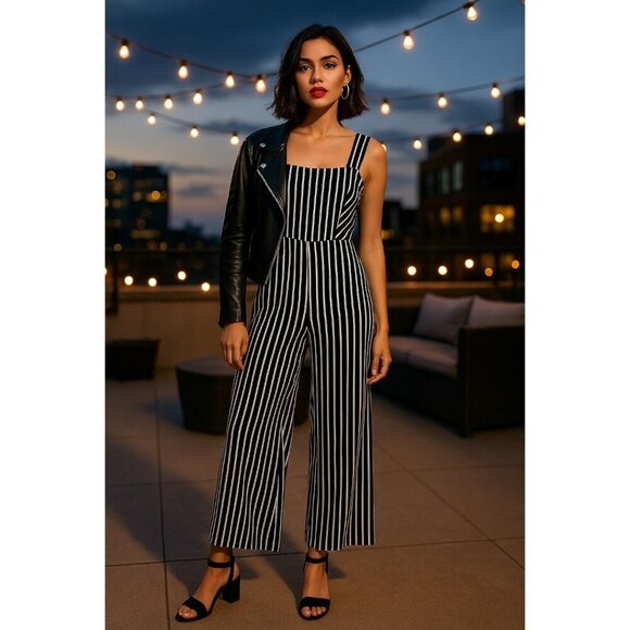Potter’s Pot Black White Striped Wide Leg Jumpsuit Large | Cutout Tie Back - Picture 1 of 10